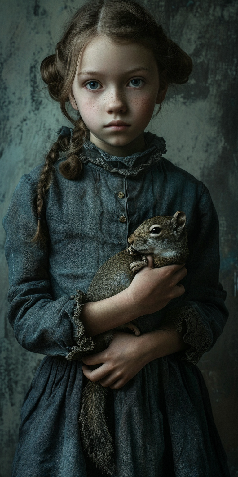 Young girl holding a small squirrel with love