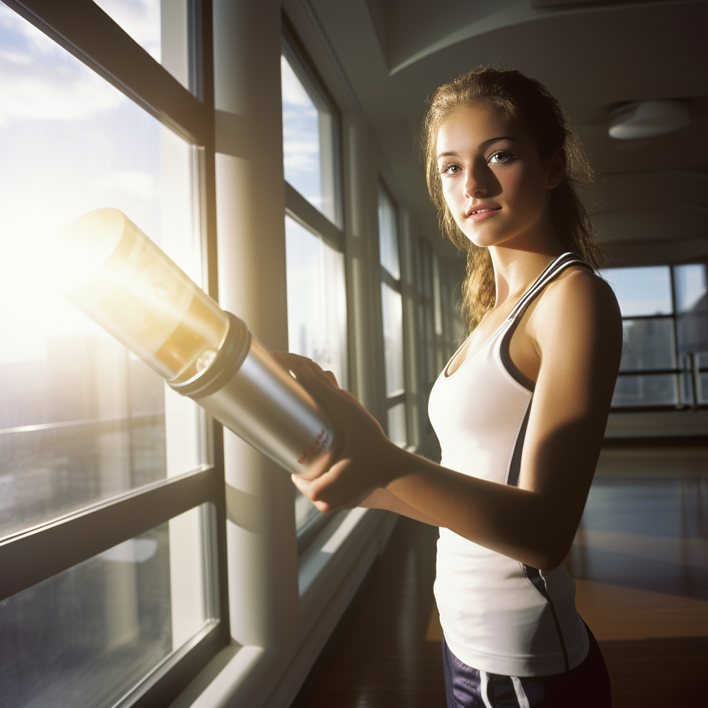 Teen girl holding effervescent tablet tube in fitness studio