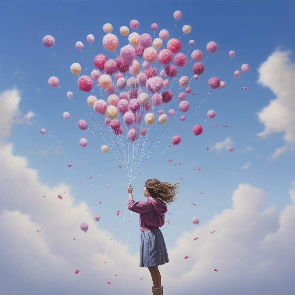 Young girl with balloon-like flower petals in sky