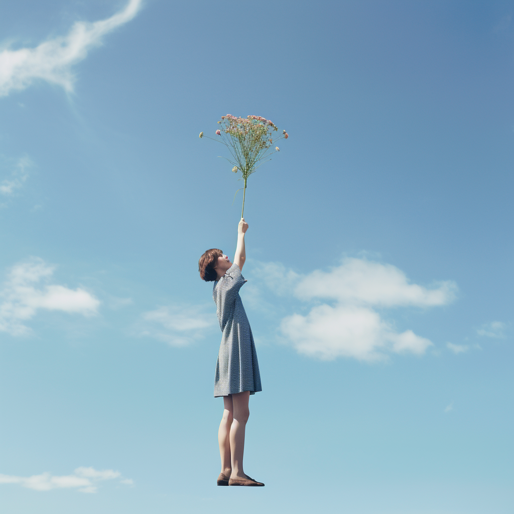 Young girl holding flower against blue sky