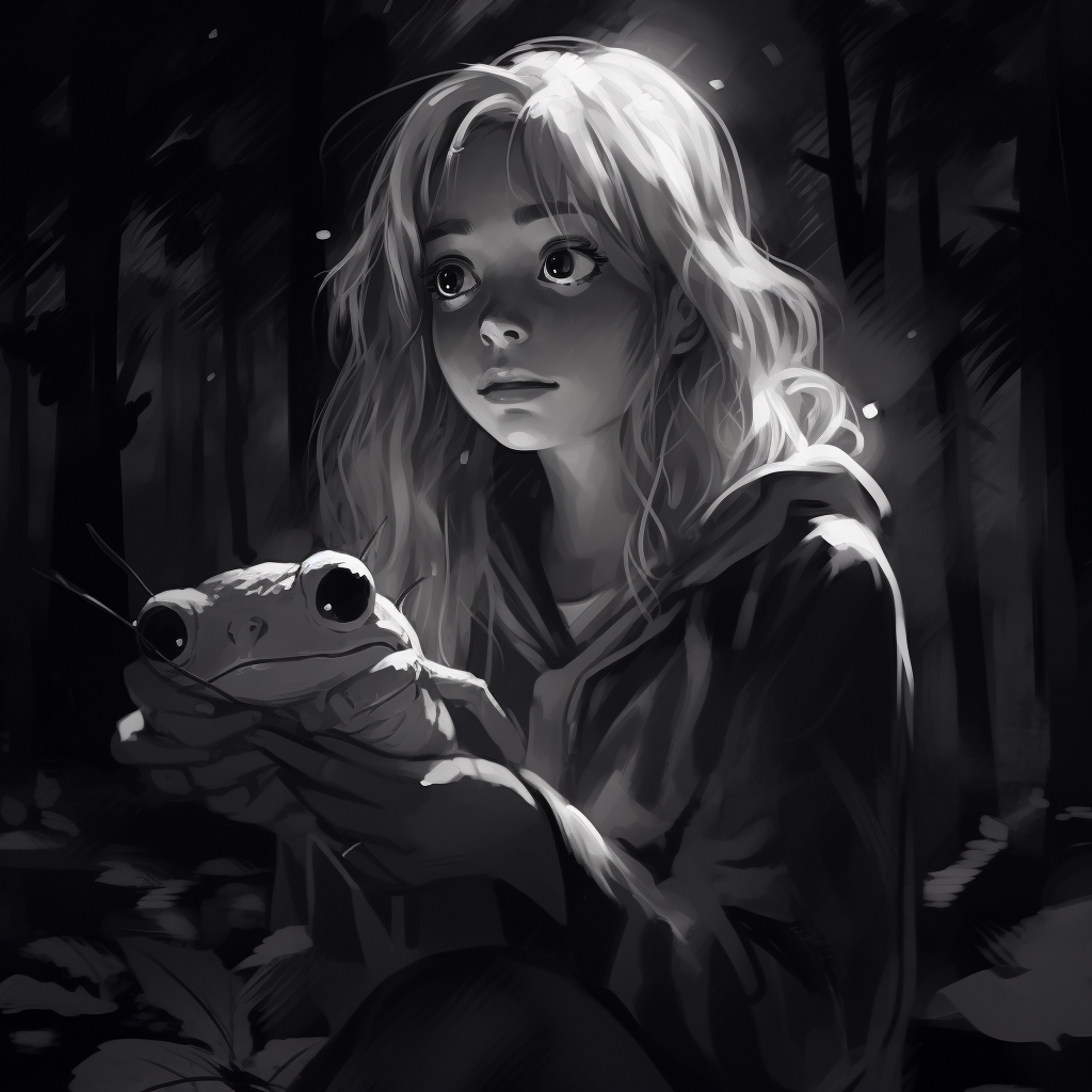 Young girl with frog and book in dark forest