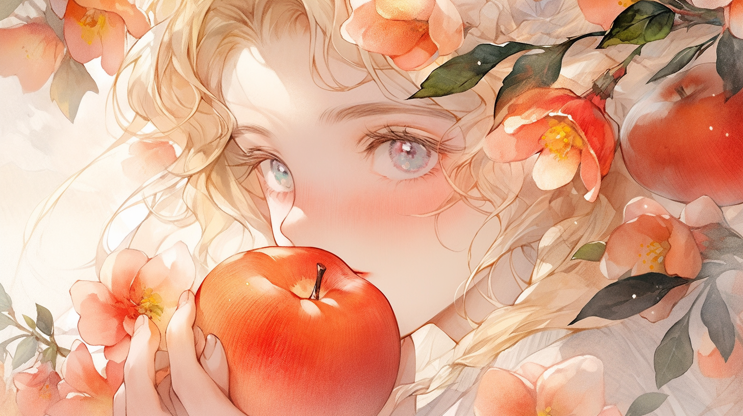 girl holding peach watercolor illustration