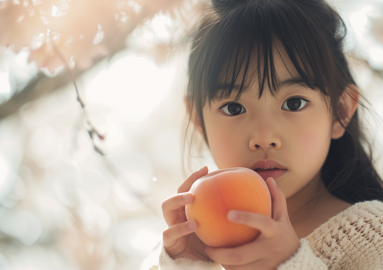 Girl holding peach fruit