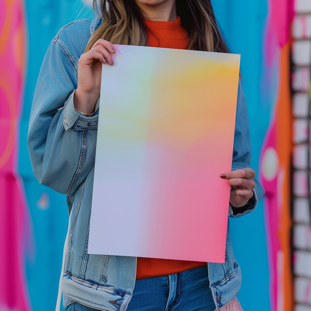 girl holding flyer mockup urban