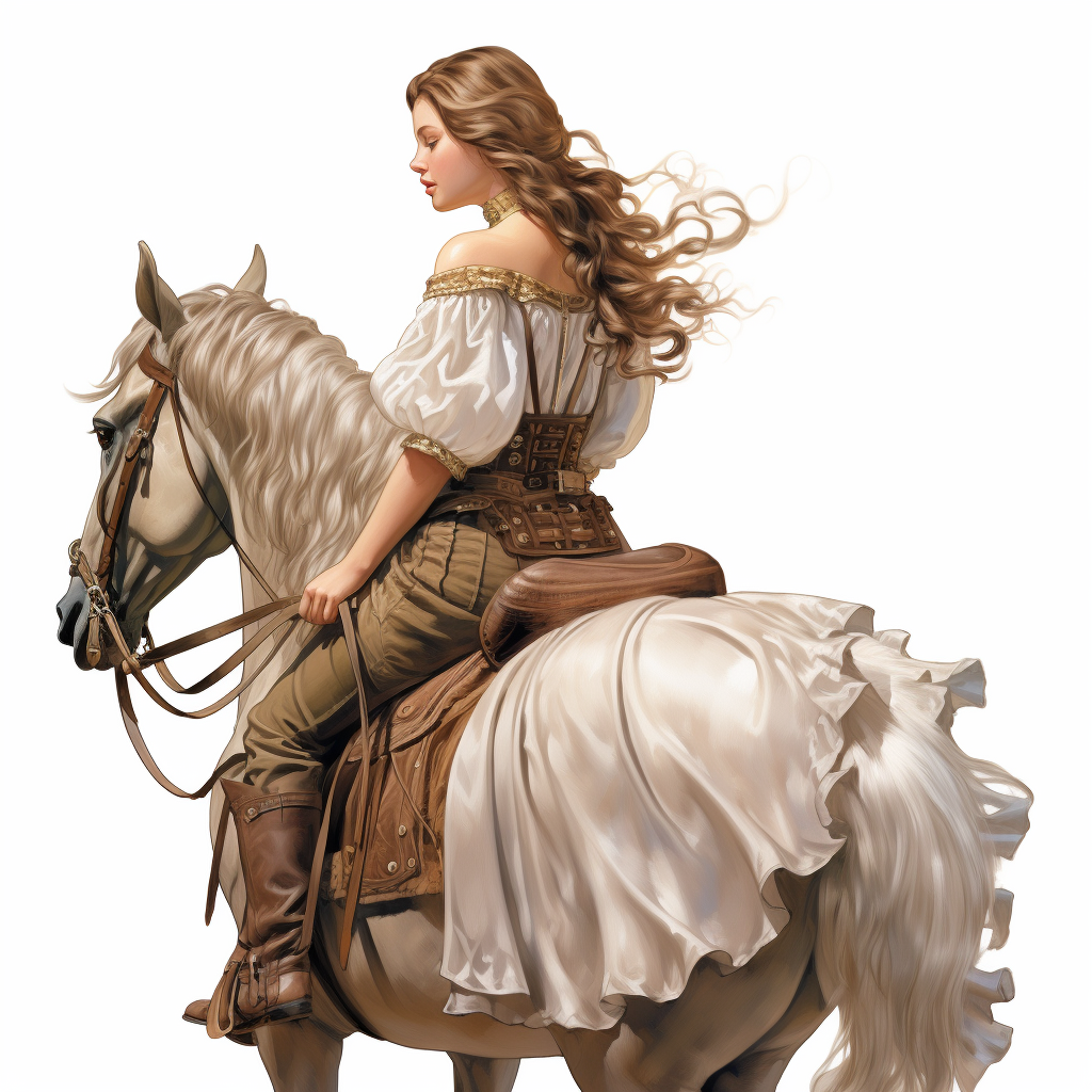 Realistic girl on horse standing from behind