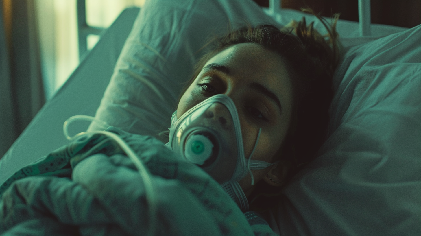 Girl in Hospital Bed with Oxygen Mask