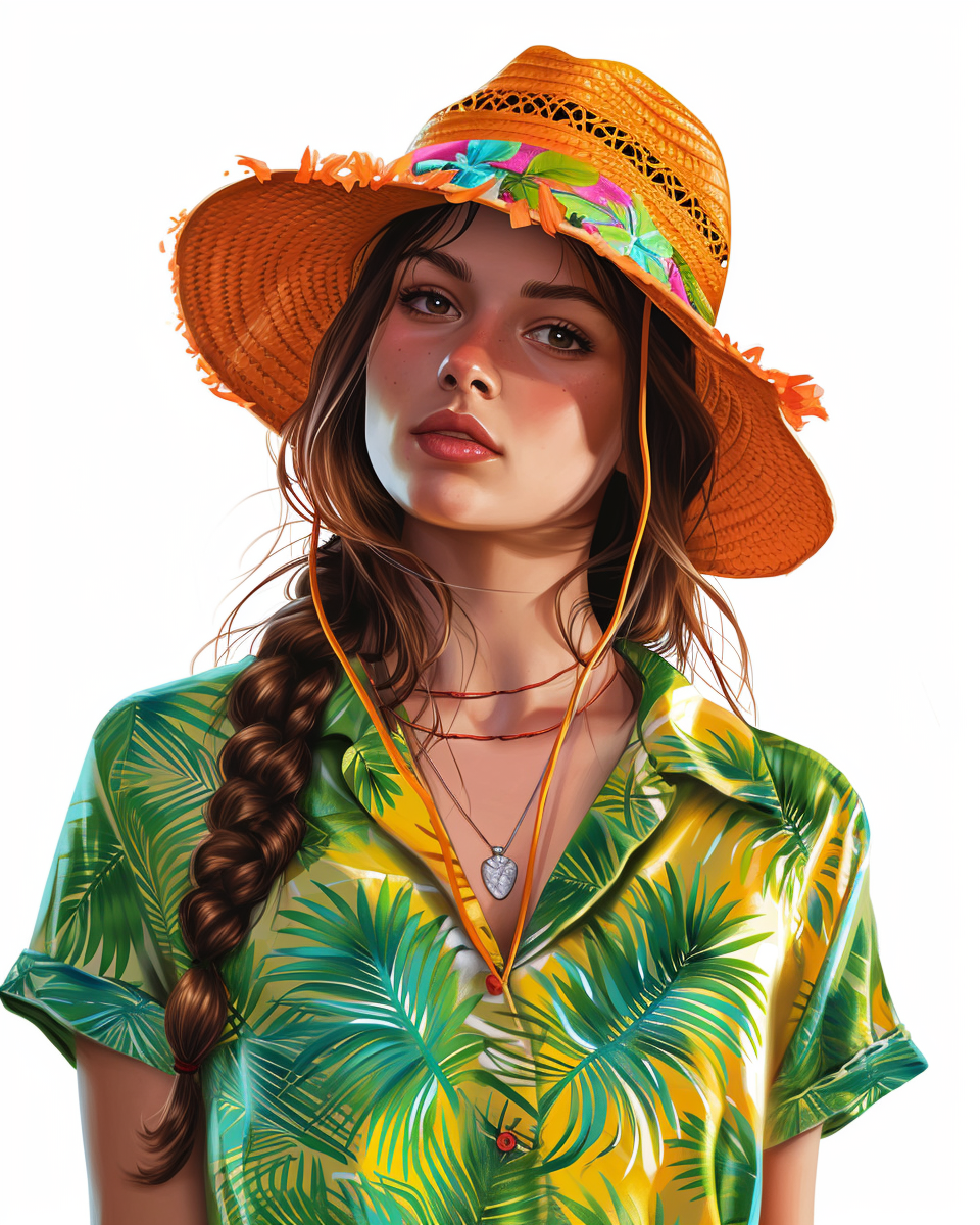 Girl hostess in Hawaii shirt with Mexican pattern wearing a bright bucket hat