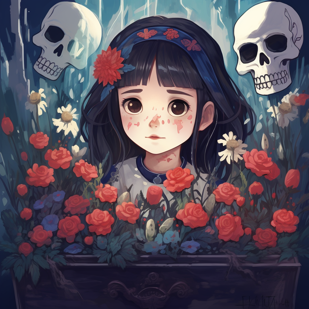 Ghibli-inspired art of girl in coffin with flowers and skulls