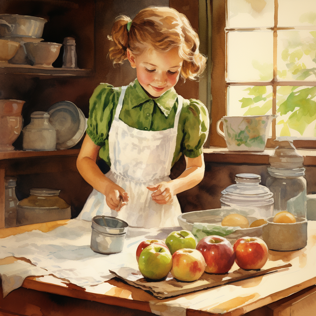 Little girl peeling apples in kitchen