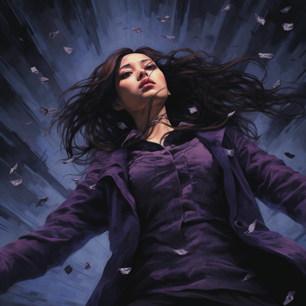 Girl in purple clothes falling abyss