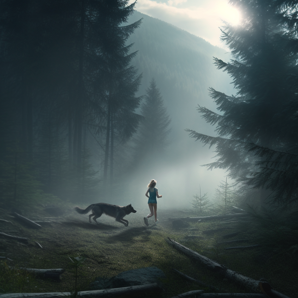 Girl jogging through a closed forest chased by a wolf