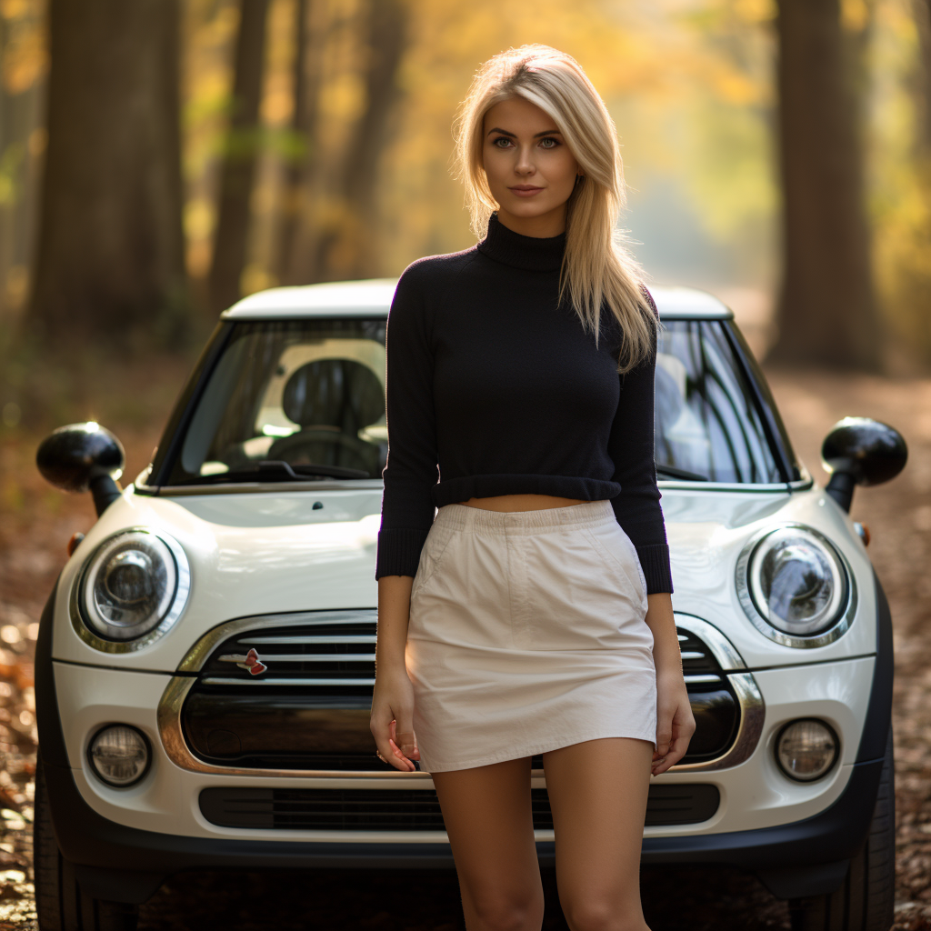 Blonde girl leaning against mini cooper in forest