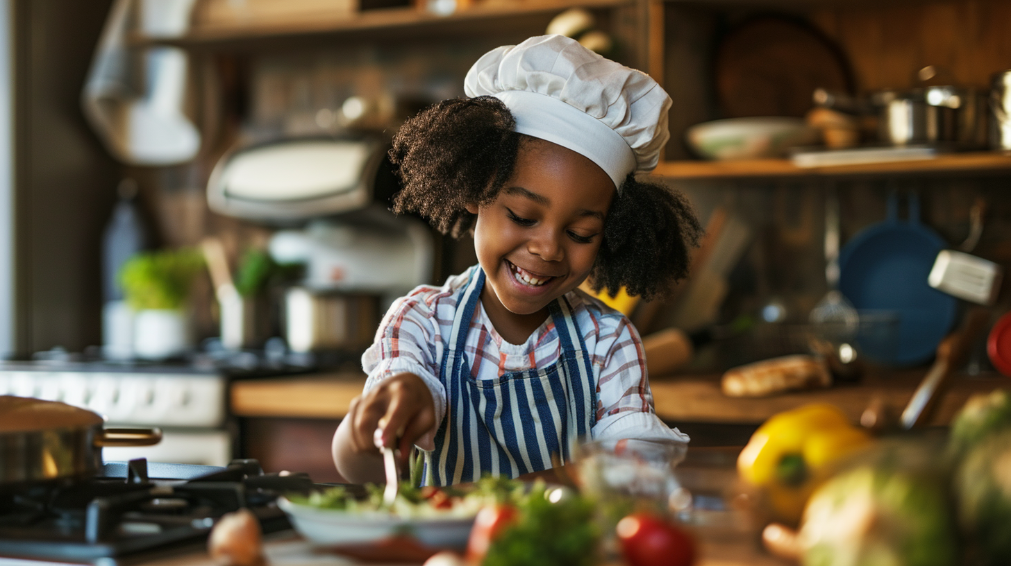 Young girl mastering cooking techniques