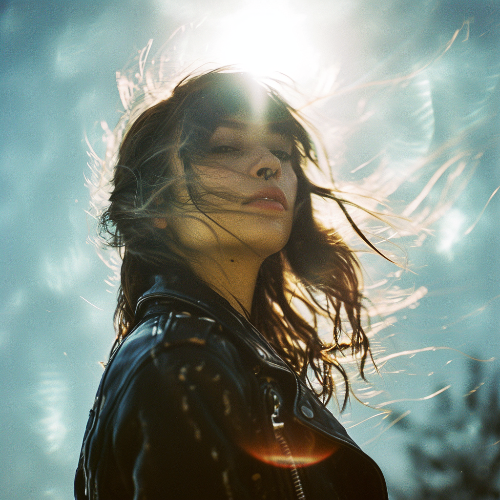 A girl wearing a leather jacket