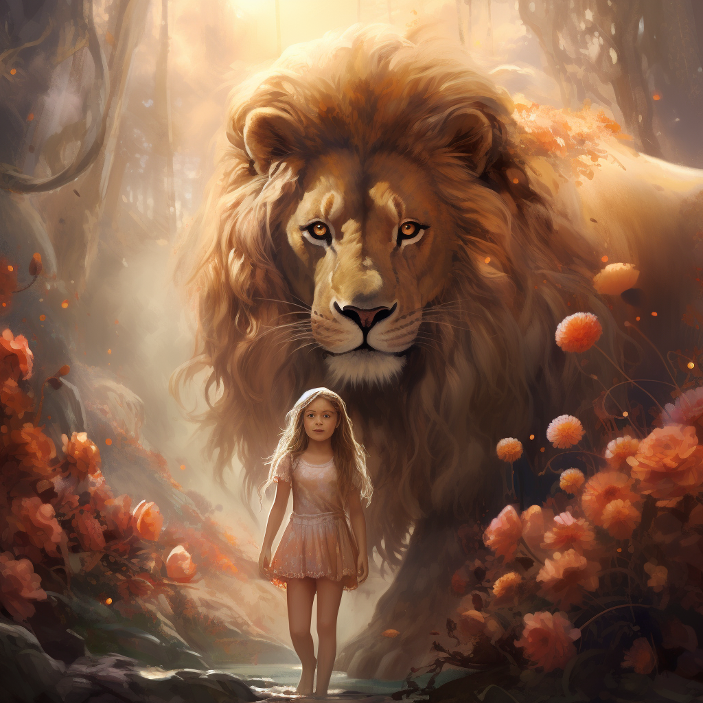 Little girl and big lion in magical wonderland