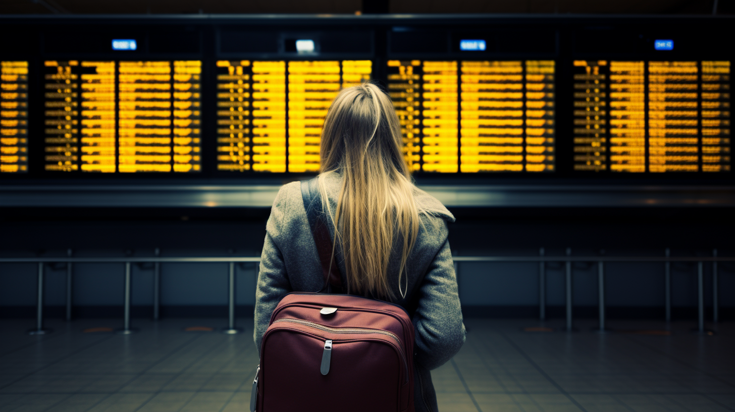 Rear view of girl looking at airport scoreboard