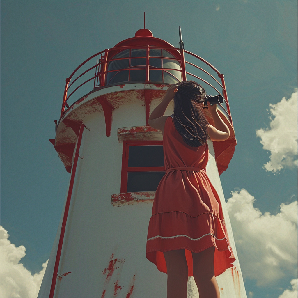 Girl in Red Dress looking through Binoculars on Lighthouse