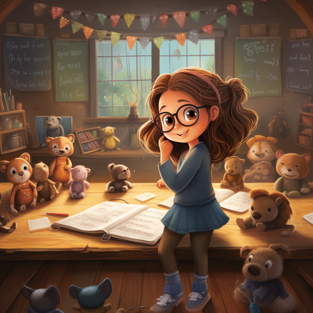 Mimi the Teacher with Stuffed Animals in Classroom