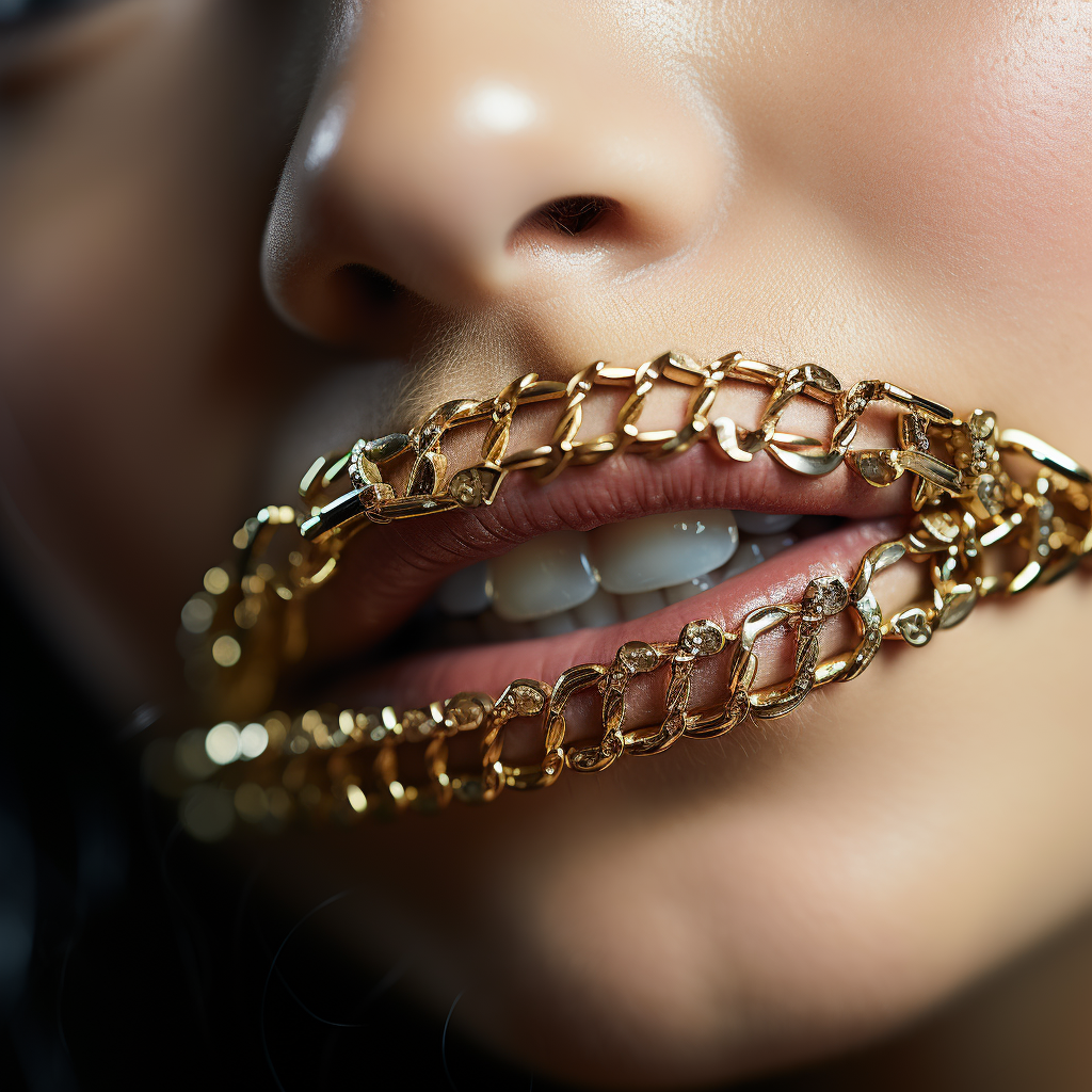 Close Up of Girl's Mouth with Golden Grill Biting Lip