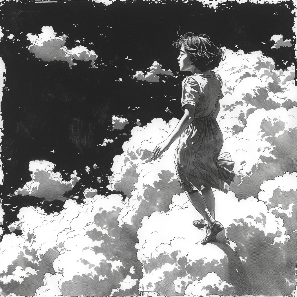 Girl on cloud drawing style