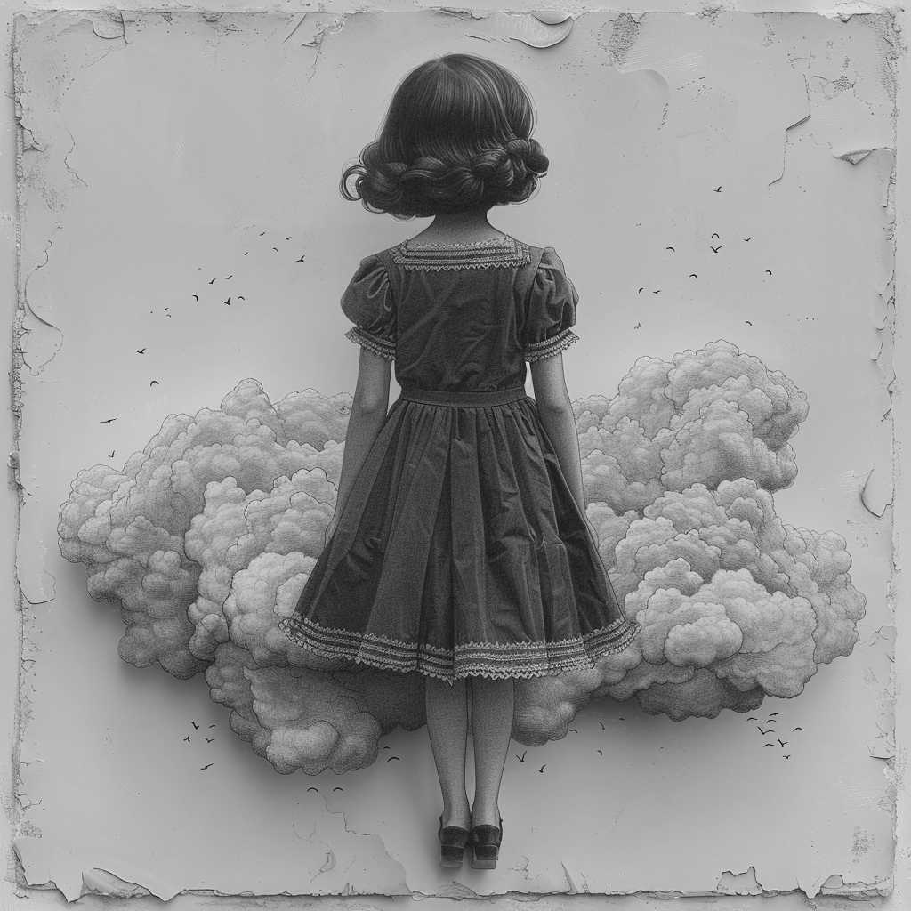 Girl on Cloud in Monochrome Drawing