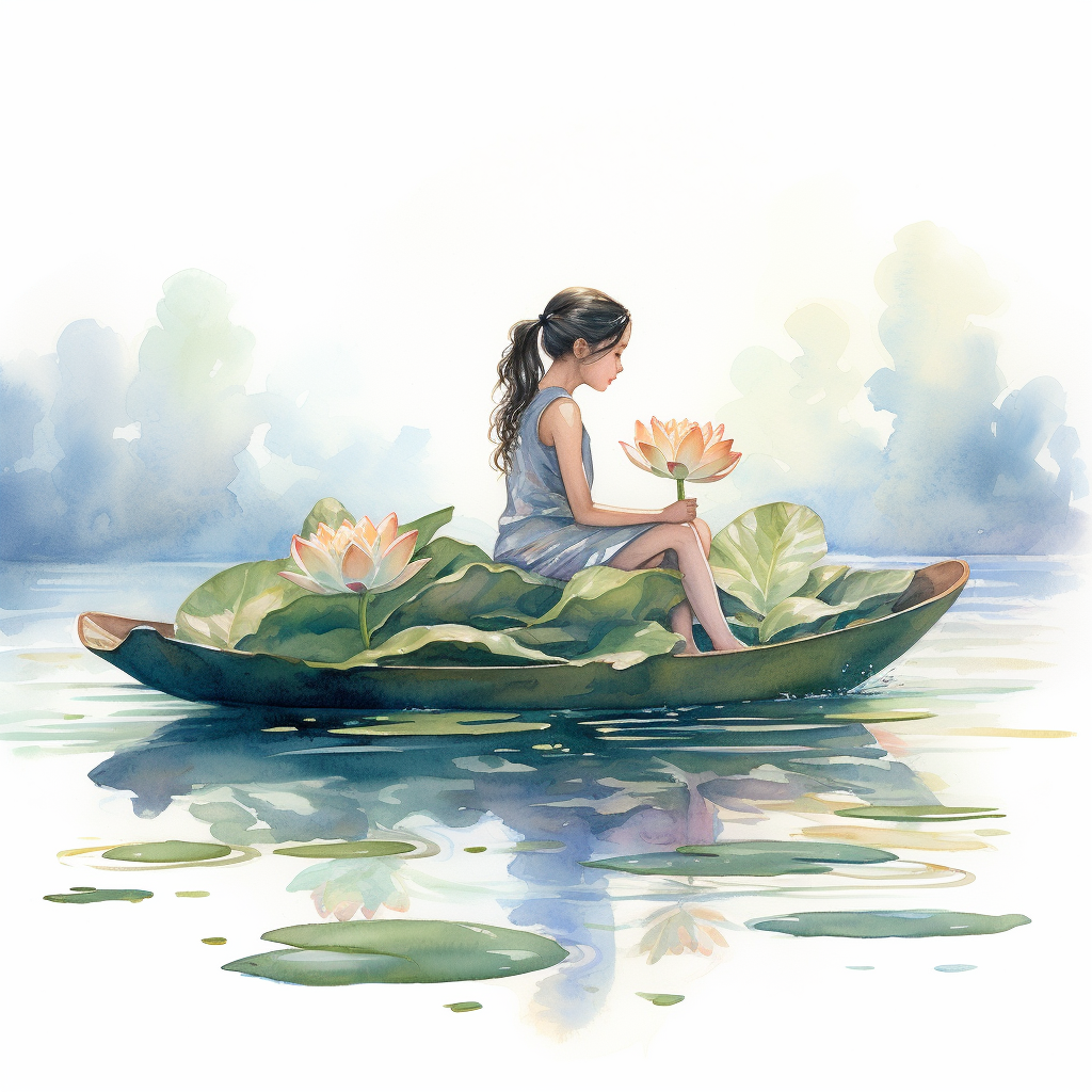 Cute girl on water lily reading a book