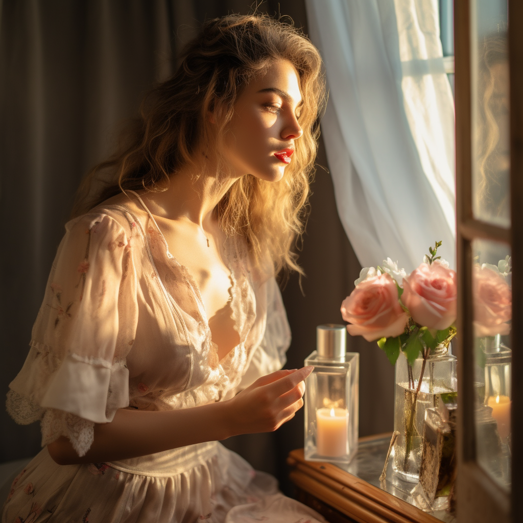 Fashionable girl painting lips in front of a mirror