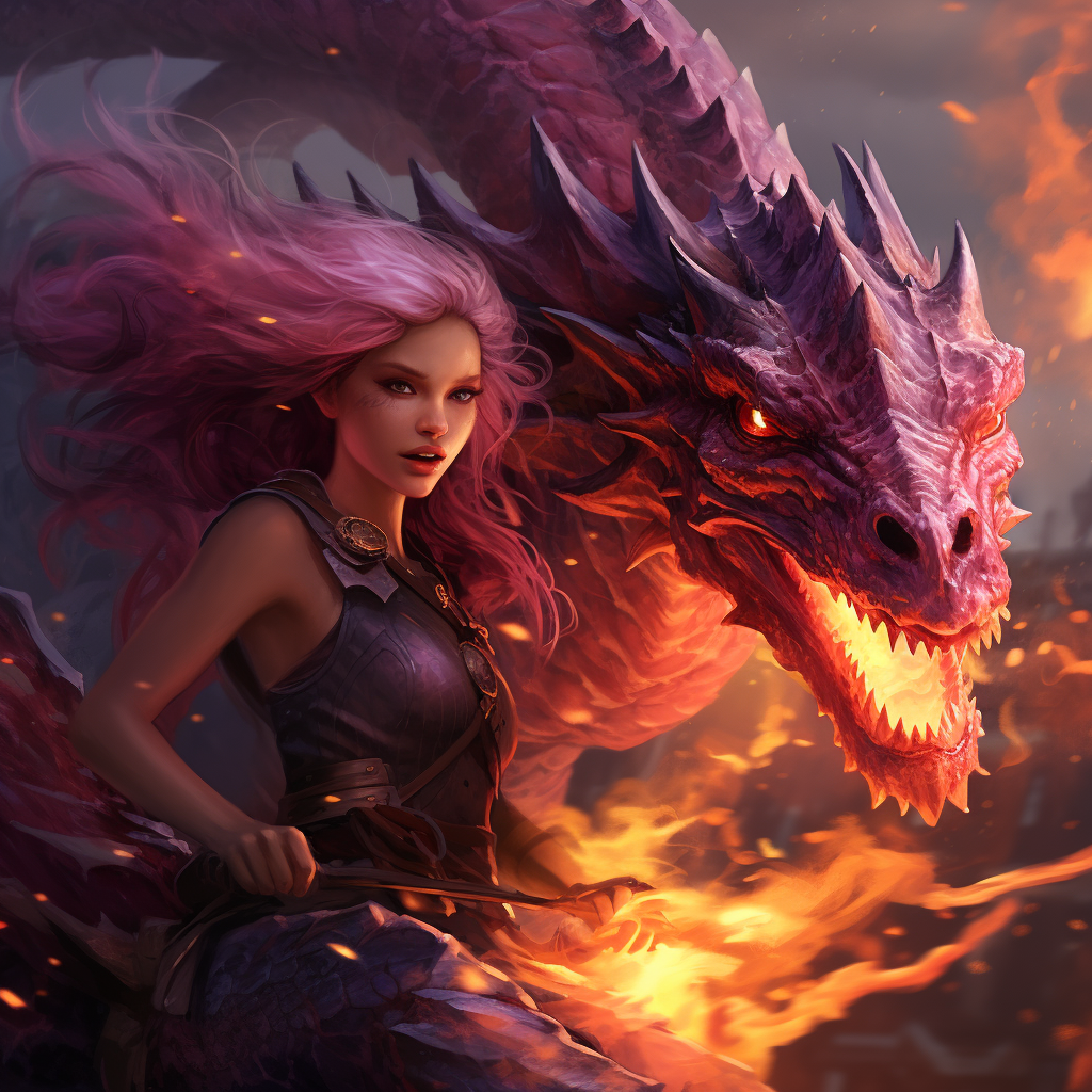 Pink-haired girl on fire breathing dragon