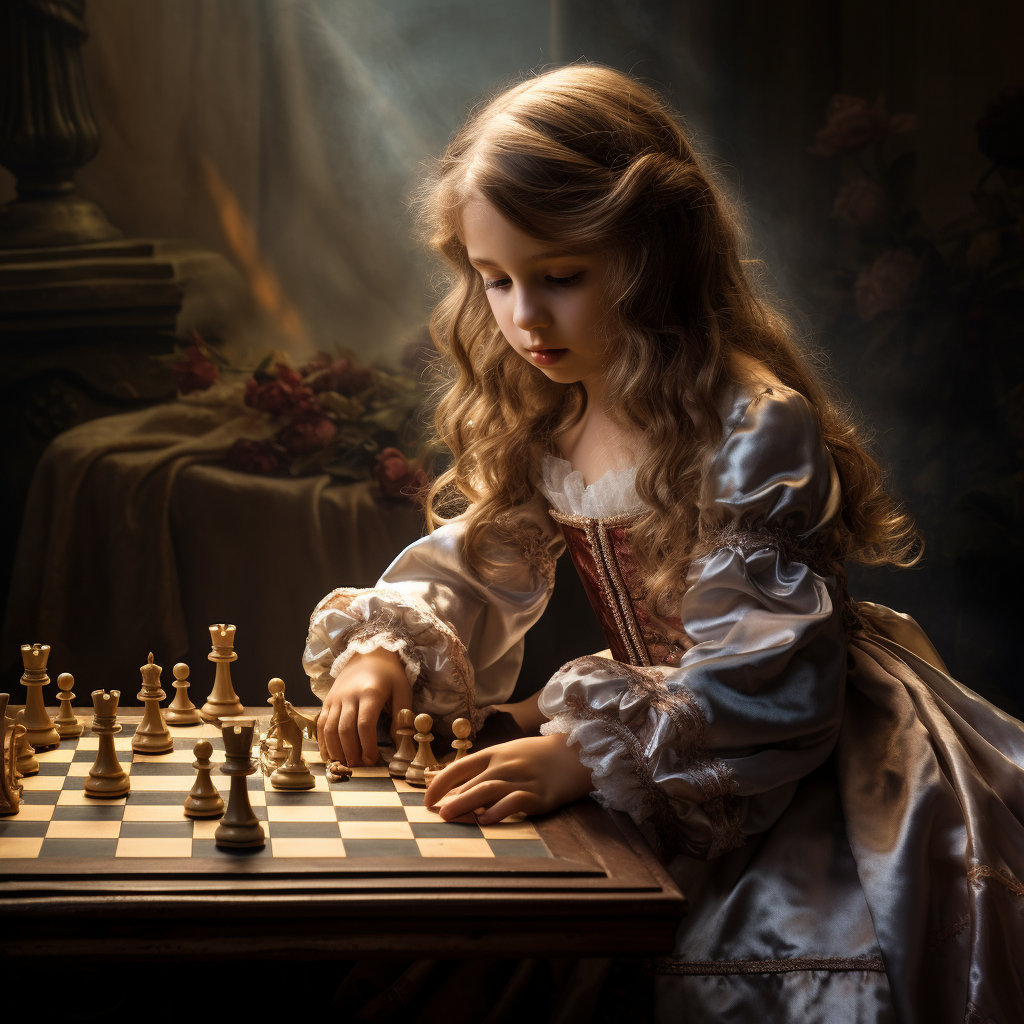 Young girl strategizing at chess castle