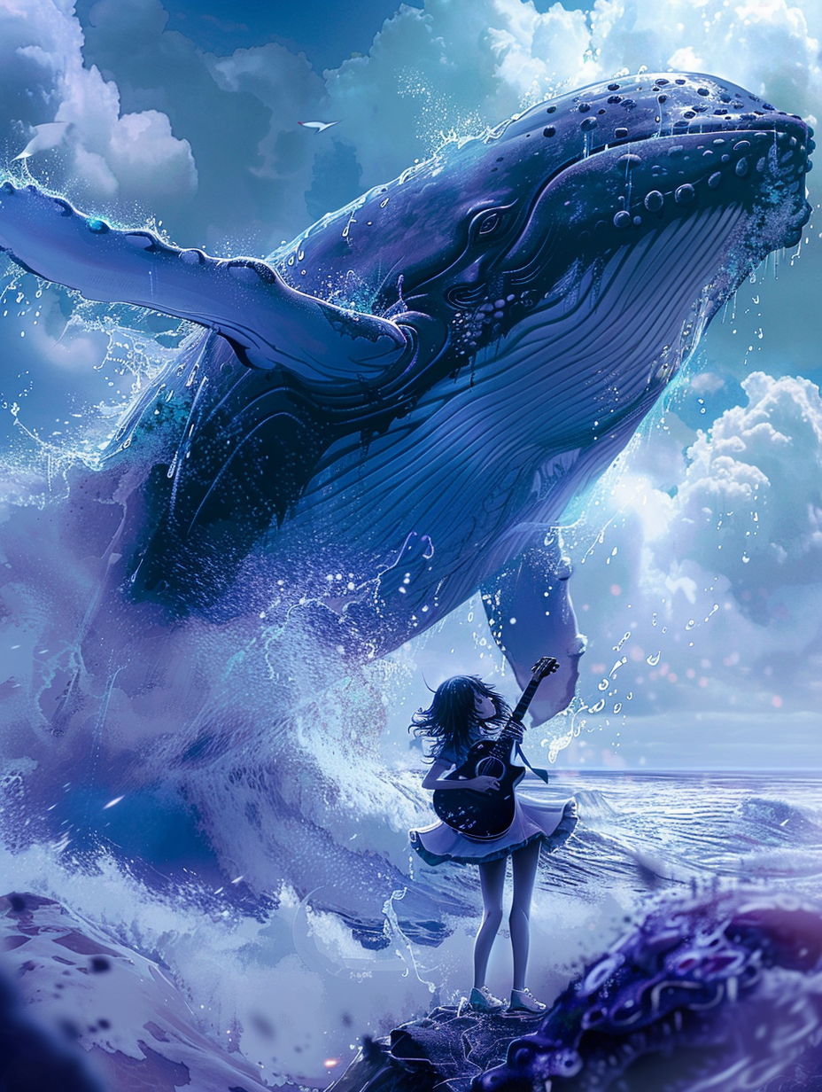 girl playing guitar whale art