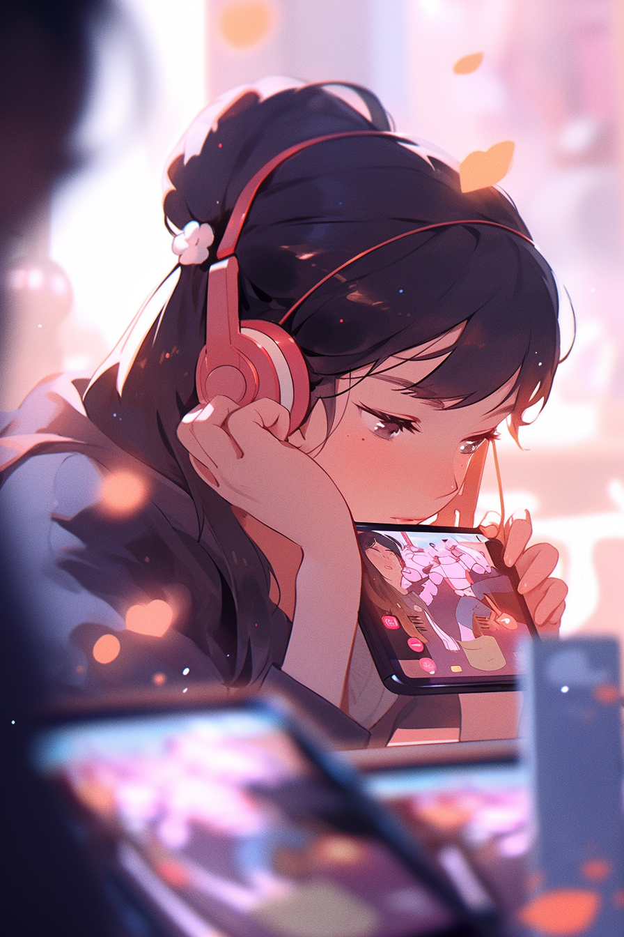 Girl playing on her phone with anime masterpiece