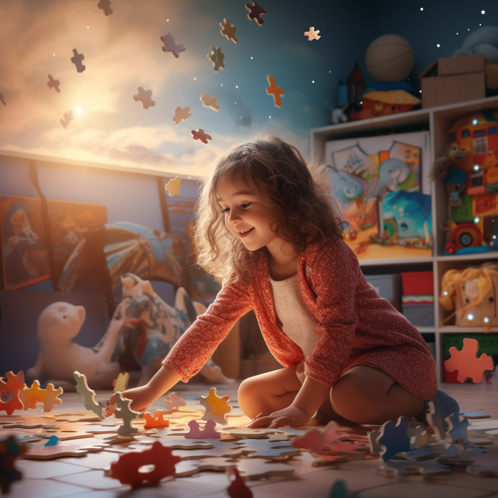 little girl playing puzzle playroom