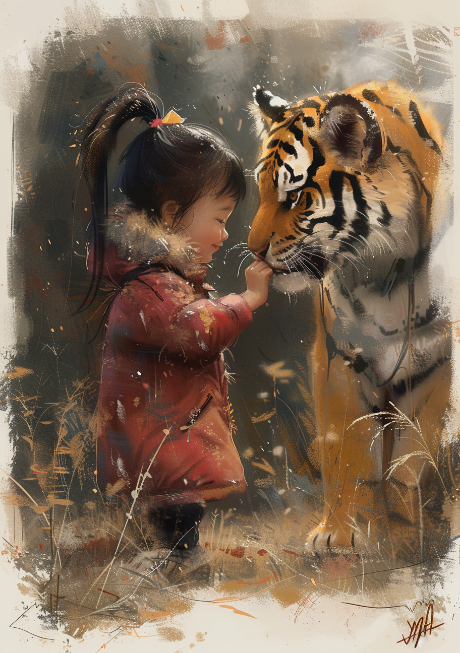 Cute little girl playing with tiger