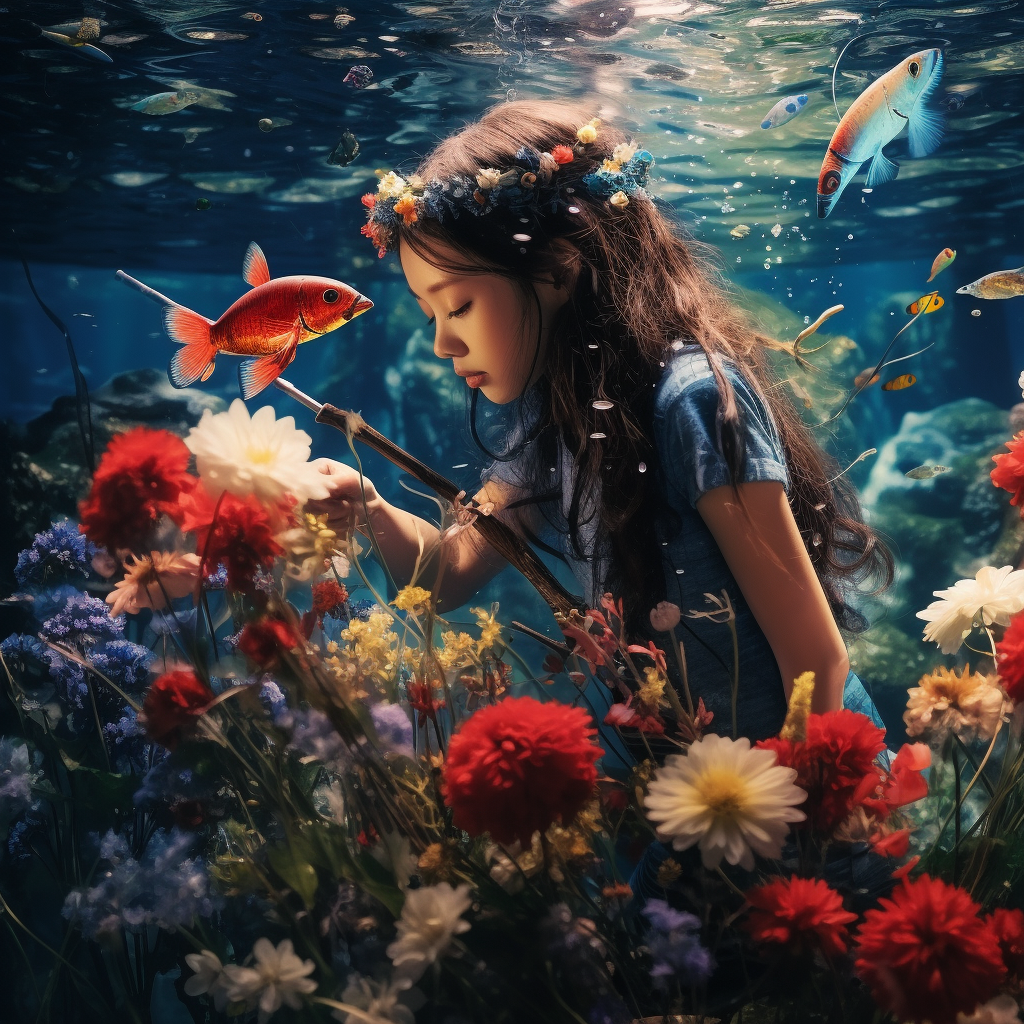 Girl posting underwater with flowers and dragonfly