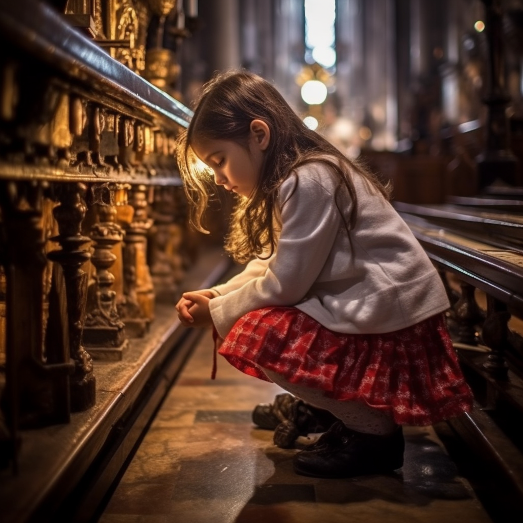 Young girl kneeling and praying in cathedral