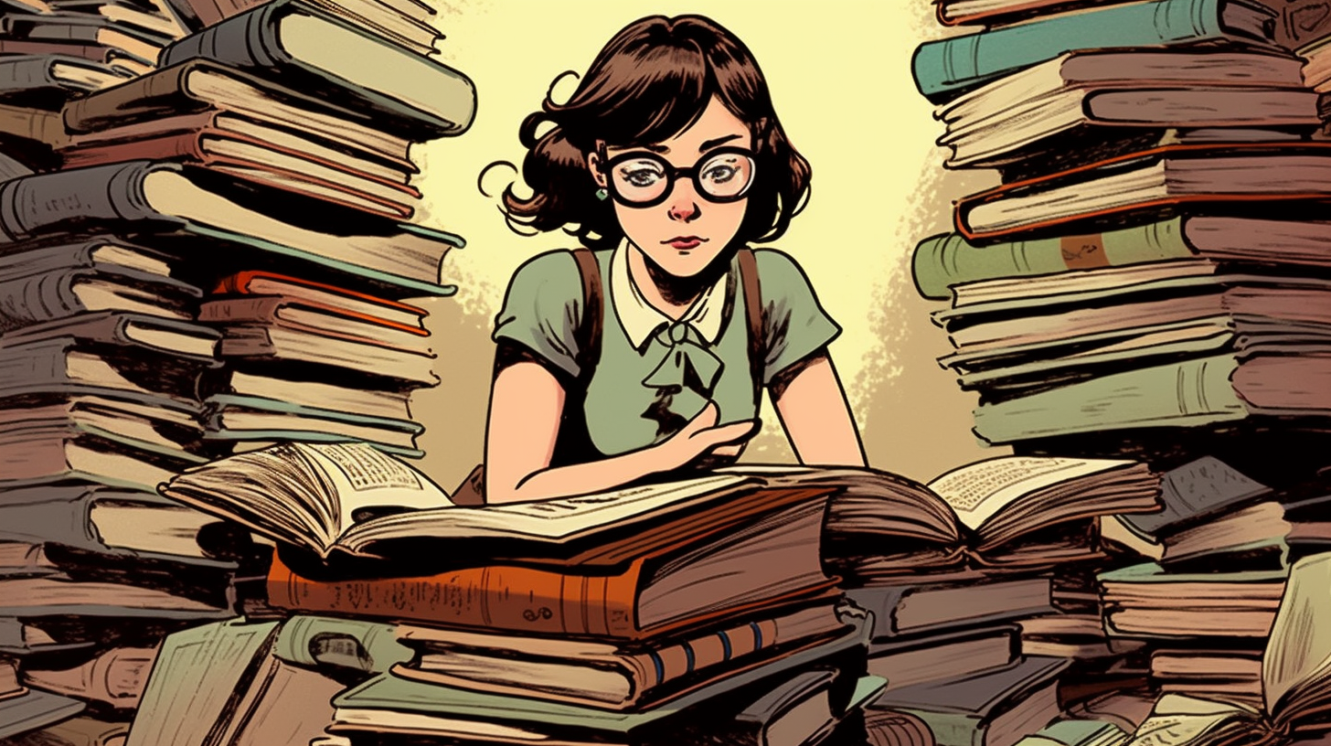 Girl reading piles of books