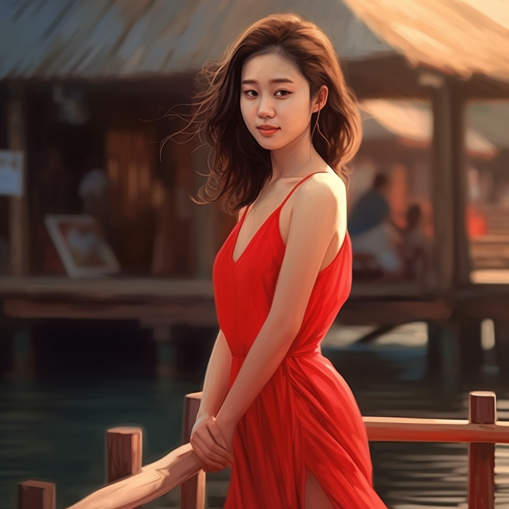 Beautiful girl in red dress on dock