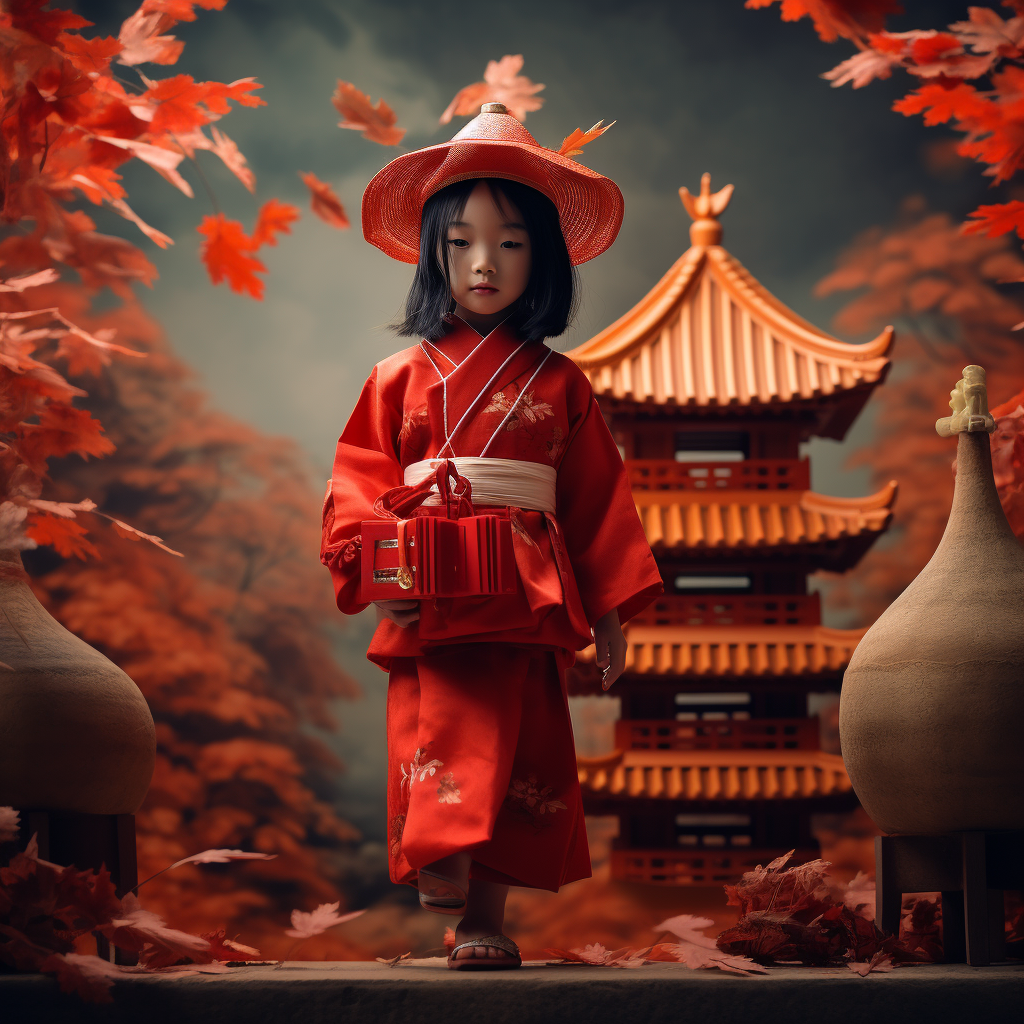 Little girl with red kimono and basket