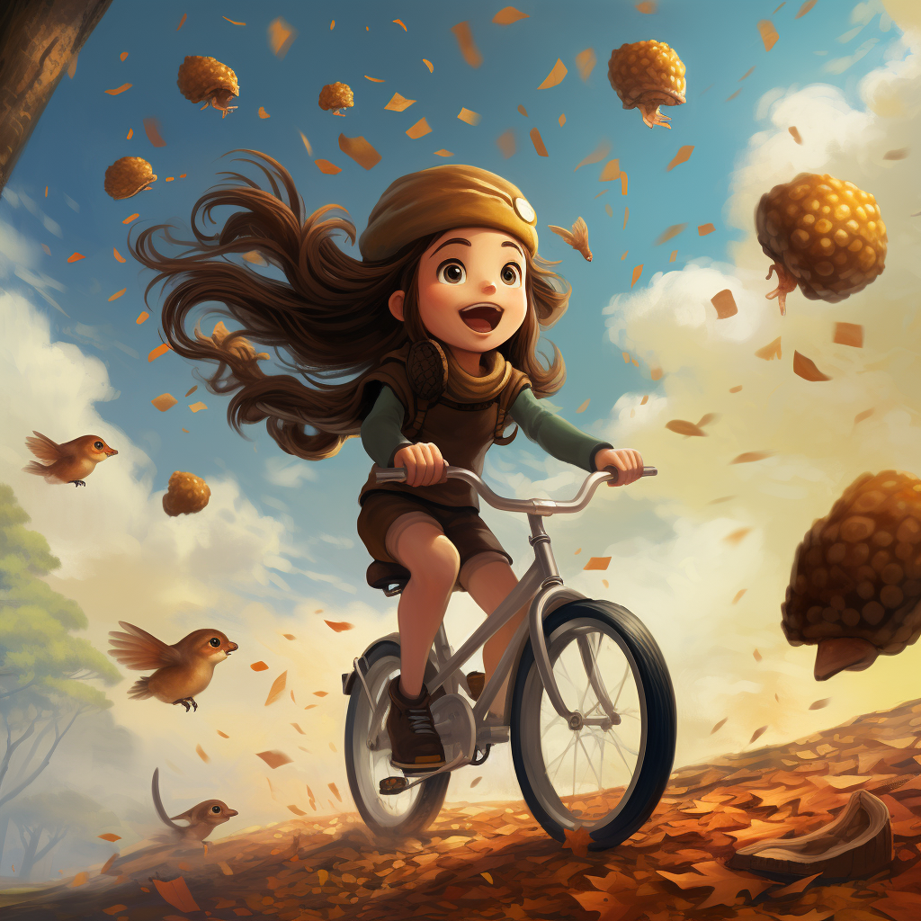 Girl with Bicycle and Falling Acorn