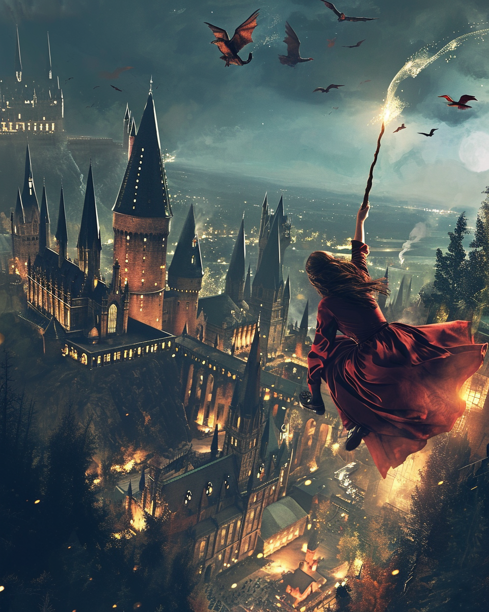 Girl Riding Broomstick Above Hogwarts