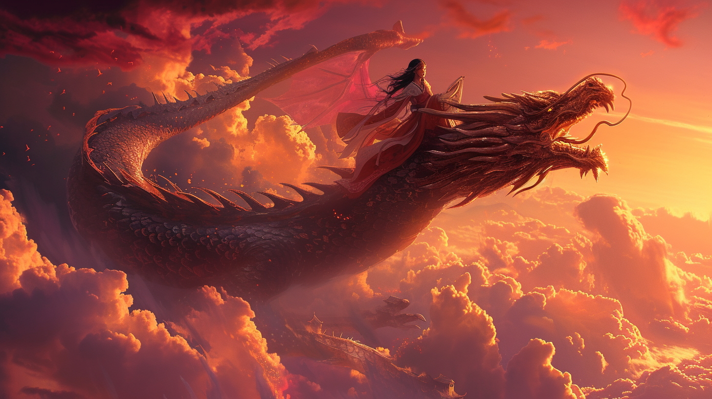 Girl riding Chinese dragon in red sky