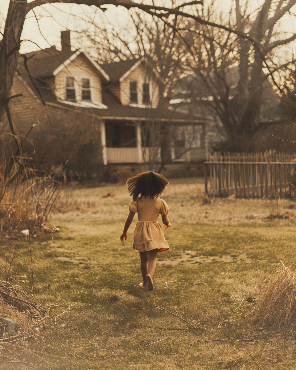 Girl running in suburban yard