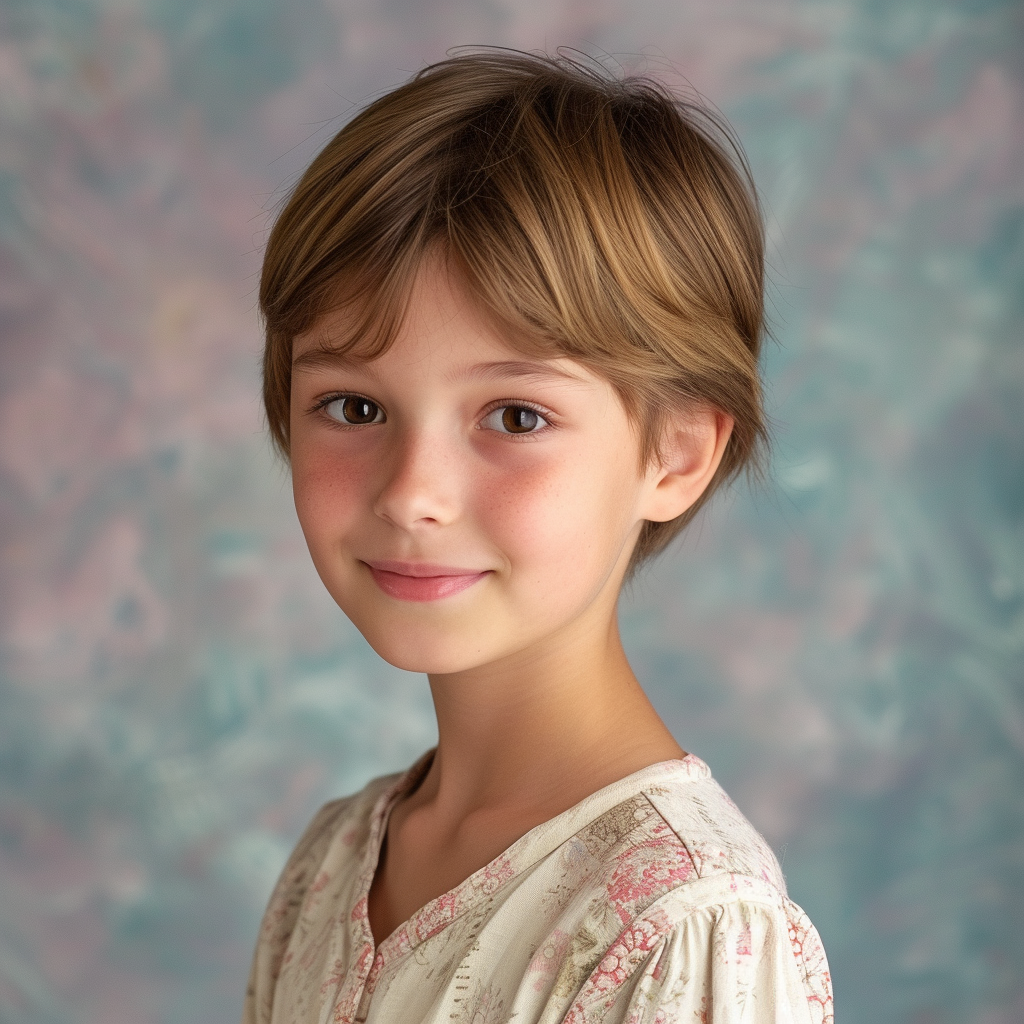 Eight-year-old girl with pixie cut on pastel background