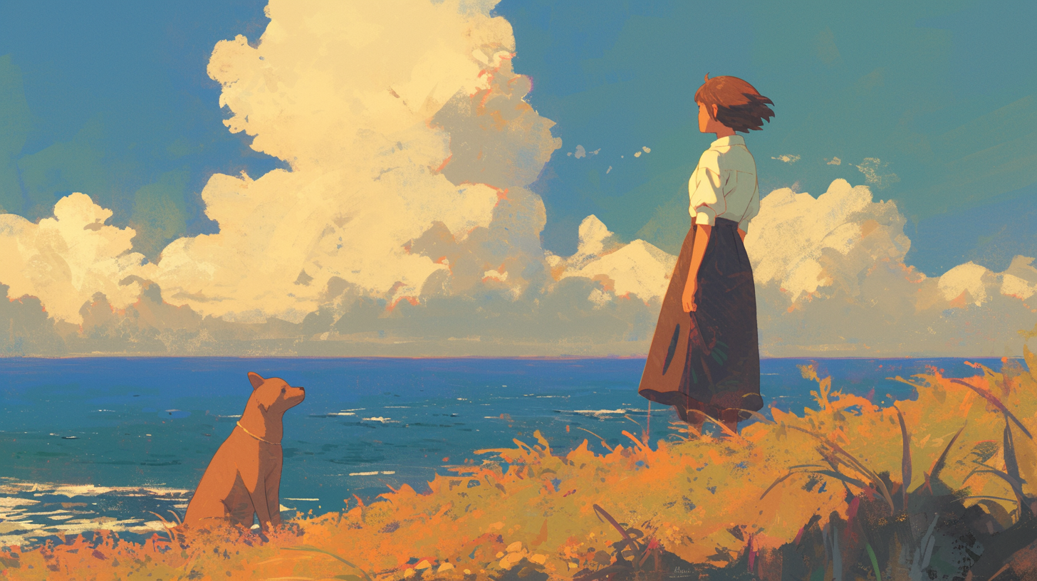 Girl with Dog by the Sea