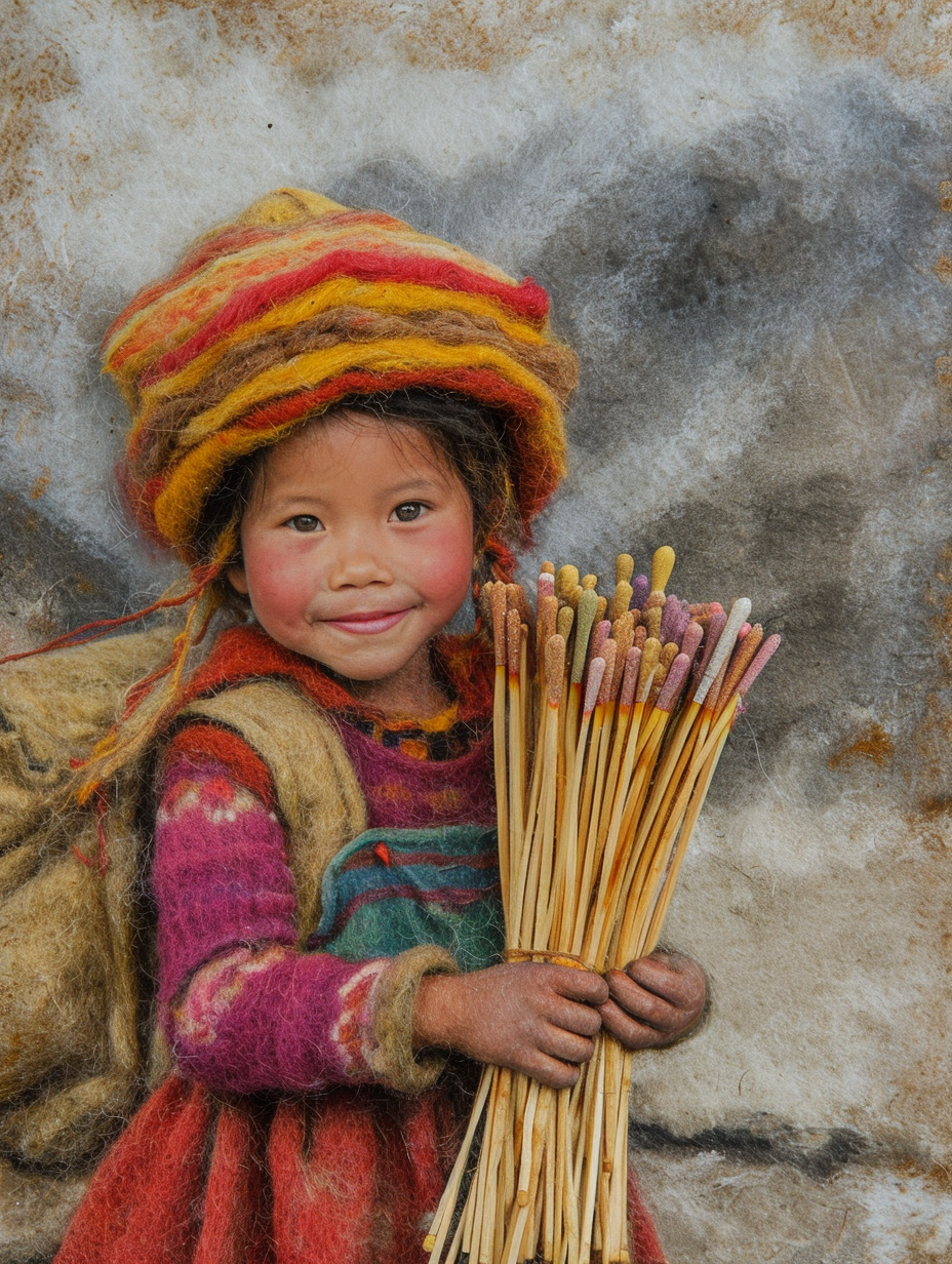 Girl selling matches on wool felt