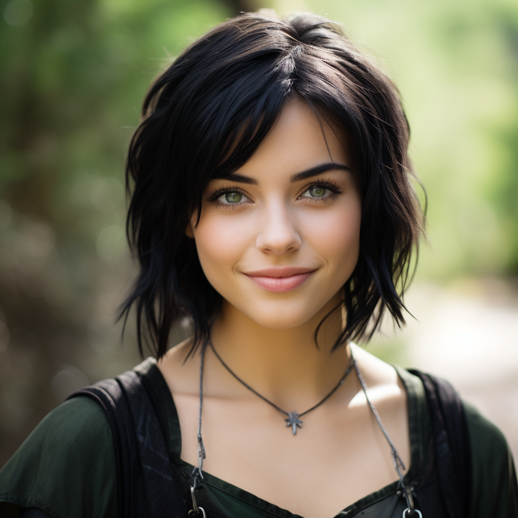 Young girl with short black hair and a fantasy outfit smiling