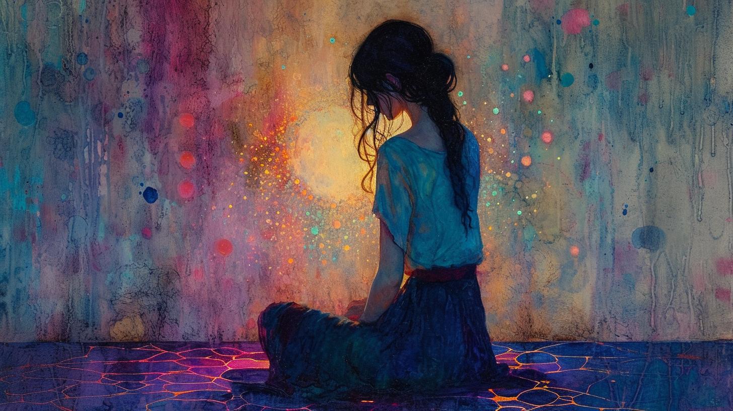 Cosmic Symbolism Painting of Girl on Floor