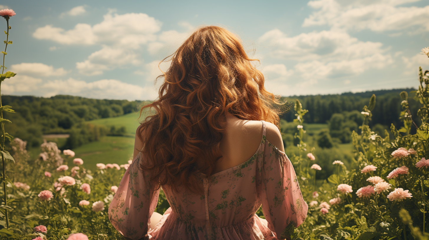 Girl sitting in green field, sunlight