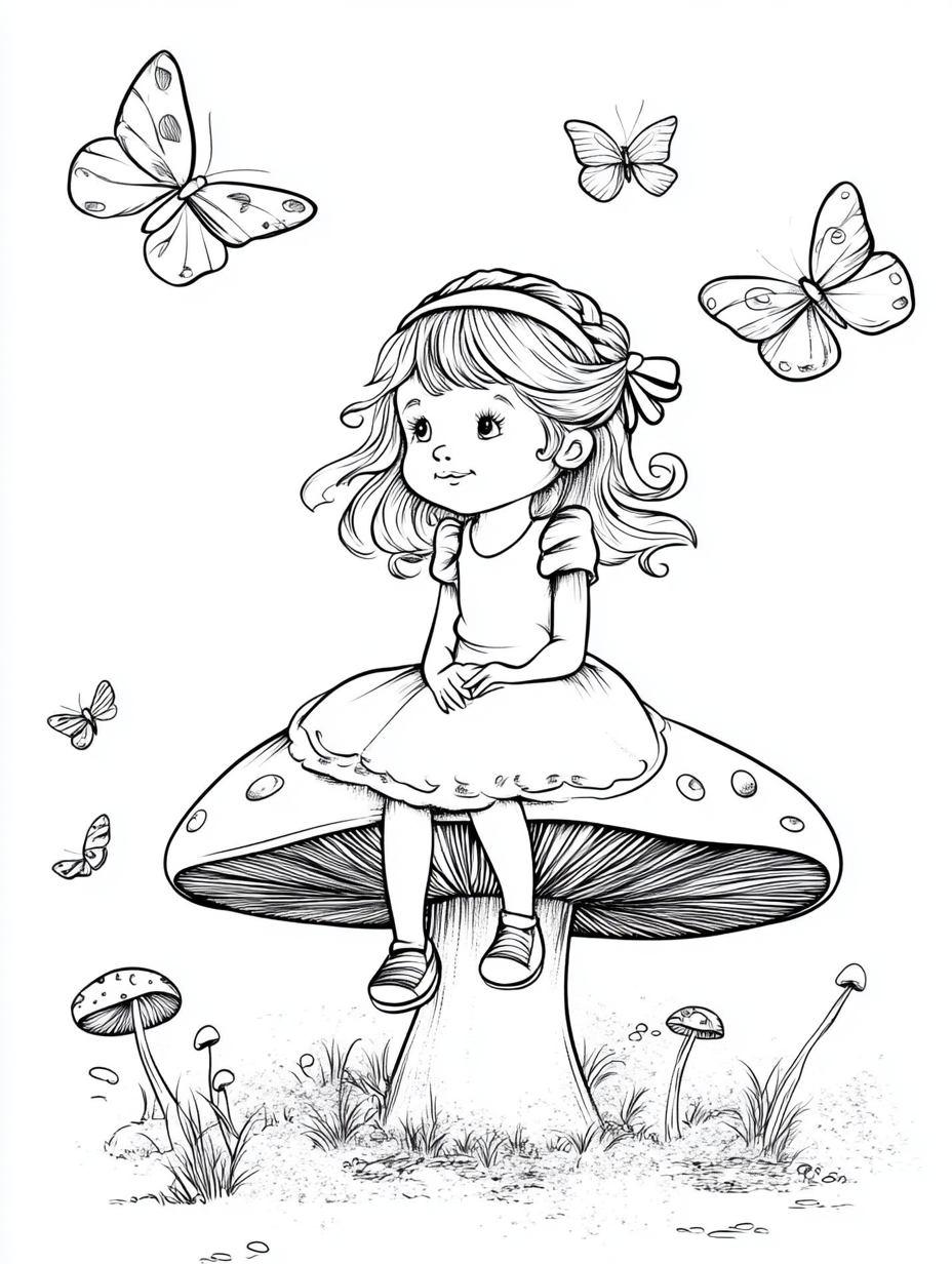 Young girl on mushroom with butterflies