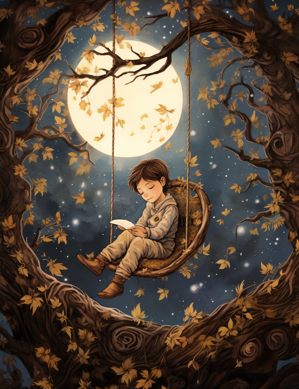 Little girl joyfully sitting in tree at night